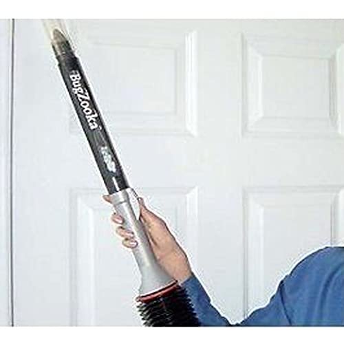 Person holding extended BugZooka upward toward ceiling corner demonstrating telescopic reach for hard-to-access areas